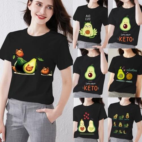 Summer New Womens T-shirt Cartoon Avocado Print Series T-shirt Anime Top Black Cute Lady O-neck All-match Short Sleeve Tee
