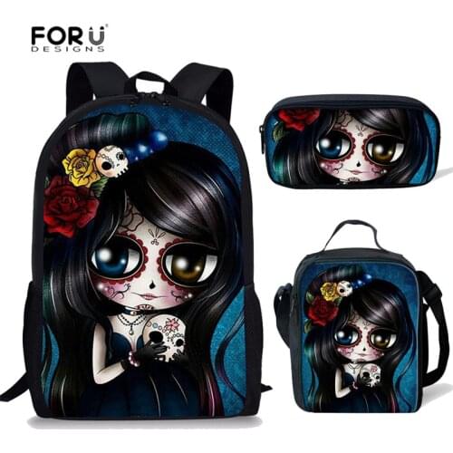 FORUDESIGNS Cute Skull Printing School Bags for Girls Kids Backpack Set Children School Backpack 16 Inch Primary Mochila Escolar