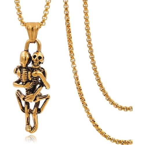 CHIMDOU fashion stainless steel hugging double skeleton skull pendant cross necklace link chain for men jewelry AP123