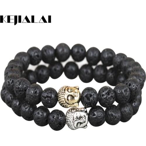 2pcs 2018 New Natural 8mm Fashion Lava Stone Beads Bracelet Two Color Buddha Head Charm Bracelet Men Women Bracelets
