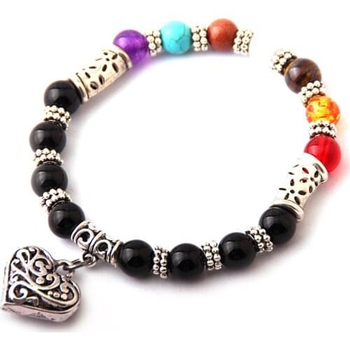 New arrive 7 Chakra Healing Bracelets 8mm Yoga Prayer Wish Stones heart charm Bracelet for women Female