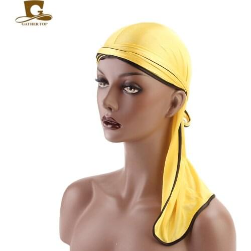 New Fashion Mens Satin Durags Headwear Extra Long Tail du rag and Wide Straps Headwraps Headband Pirate Hat Hair Accessories