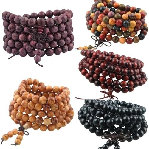 SUNYIK 108 8mm Tibetan Buddhist Mala Bracelet Wrapped Natural Wood Prayer Bead for Meditation