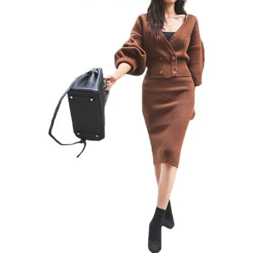 Spring and Autumn Winter Korean knit womens suits new thickened jacket+Package hip skirt fashion loose two suit
