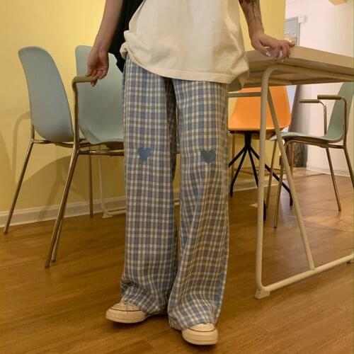 Vintage Plaid Long Pants Women High Waist Wide Leg Casual Female Trousers 2021 Fashion Joggers Clothes Streetwear Love Heart