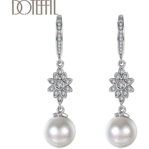 DOTEFFIL 925 Sterling Silver/18K Gold Sun Flower AAA Zircon Pearl Earrings For Women Jewelry Fashion Wedding Party Gift