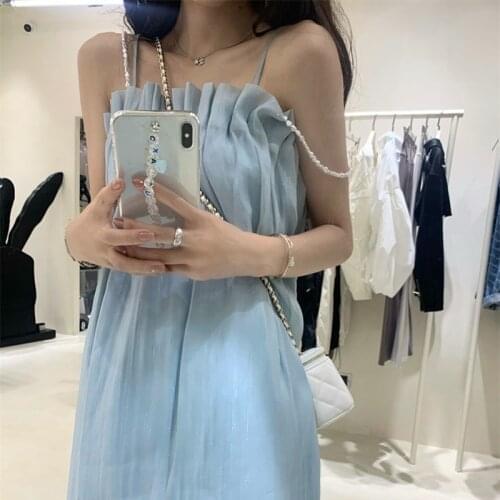 Suspender Dress Womens New Summer 2021 Sexy Midi Dress Cute Mesh Pearl Long Camisole Dress