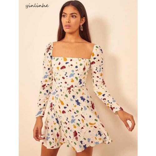 Yinlinhe Print Art Vintage Dress Women Long Sleeve Elasticity Slim Summer Dress Square Collar High Waist Party Vestidos 1527