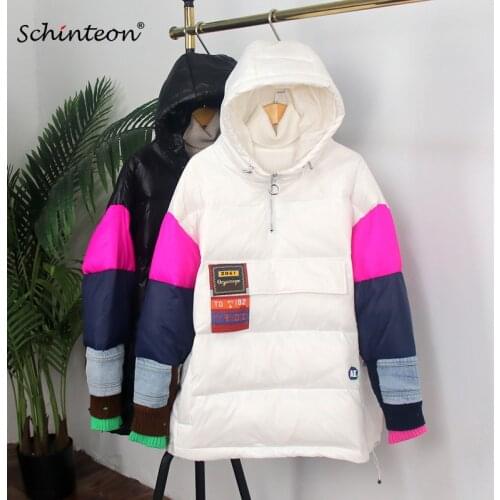 2021 Schinteon Women Patchwork Down Jacket Pullover Coat Loose Over Size Warm Autumn Winter Casual Hoodie Outwear with Hood New