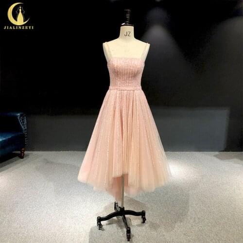 Rhine real Pictures Spaghetti straps pink with beads Front short with long back sexy Prom dresses evening dresses 2020