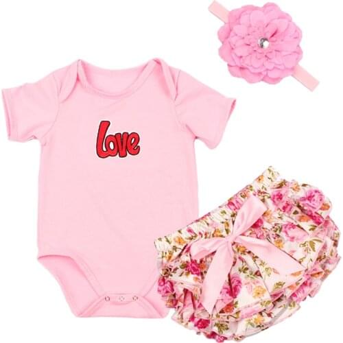 2019 Baby Girl Clothes 3 Pcs Clothing Sets Pink Cotton Rompers Flower Ruffle Bloomers Shorts Headband Newborn Clothes TZ001