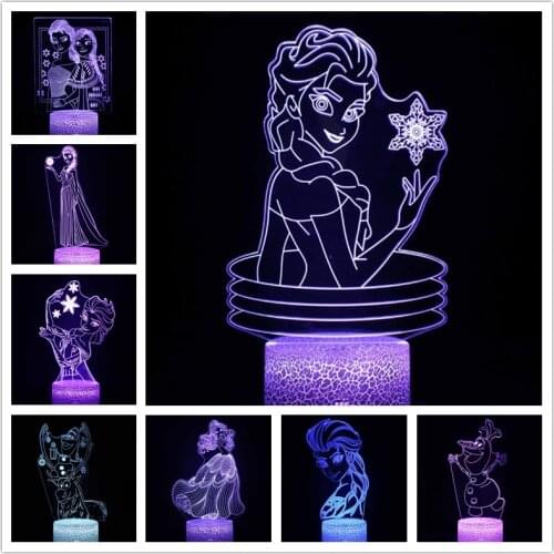 Disney Cartoon 3D Night Light Frozen Princess Acrylic LED Illusion Lamp for Children Bedroom Decortion Touch Table Lamp Kid Gift
