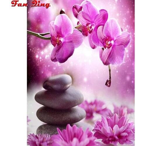 5D DIY Diamond Painting Pink Orchid Stones Full Square Round Rhinestone Flowers Embroidery Cross Stitch Mosaic Home Decoration