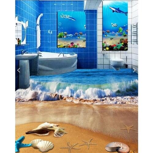 Beibehang HD blue waves lapping the beach Waterproof Bathroom kitchen balcony PVC Wall paper Self wall sticker Floor painting