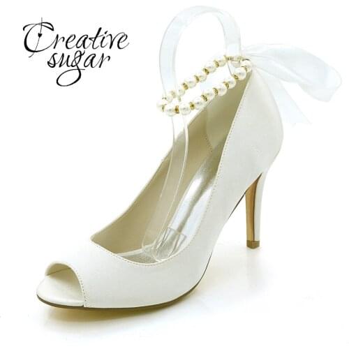 Creativesugar pearl ankle strap ribbon tie open toe lady high heels satin evening dress shoes bridal wedding cocktail sexy shoes