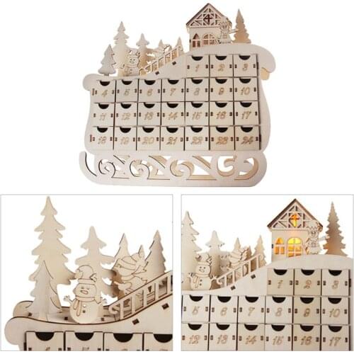 Sleigh Wooden Advent Calendar Countdown Christmas Decor 24 Drawer with LED Light M68E