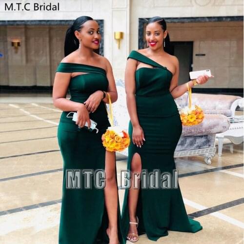 Long Mermaid Bridesmaid Dresses Green One Shoulder African Maid Of Honor Dress Plus Size Wedding Party Gowns For Guest Cheap