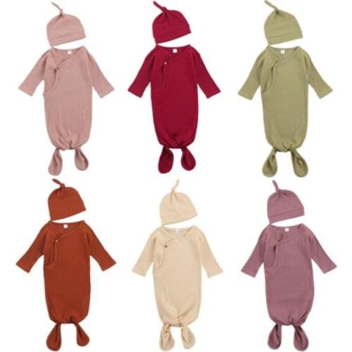 Newborn Baby Ribbed Cloth Sleeping Bag Cotton Solid Color Long Sleeve Soft Swaddle Wrap Blanket Sleeping Bag Cap