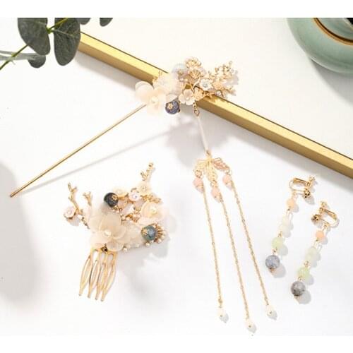 Chinese Style Gold Color Tassels Step Shake Hair Jewelry Hairpeice Jewelry Set Hairpin Haircomb Earclip Set Hair Accessories VL