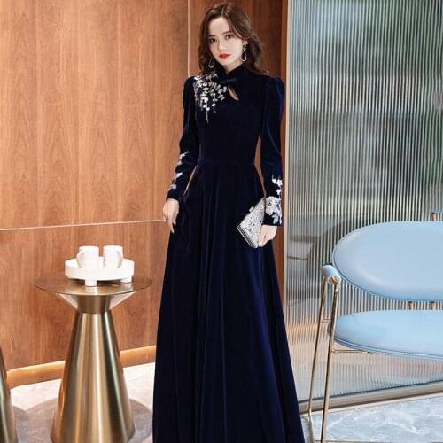 China wind heavy industry embroidery improved cheongsam dress high-end temperament velvet long blue over-the-knee dress