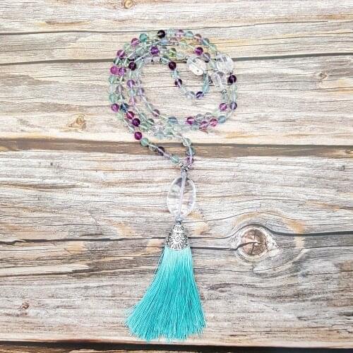 LiiJi Nice Quality Fluorite Stone 6mm Clear Quartzs Tassel Bohemia Long Hand Made Mala 108 beads Necklace Drop Shipping