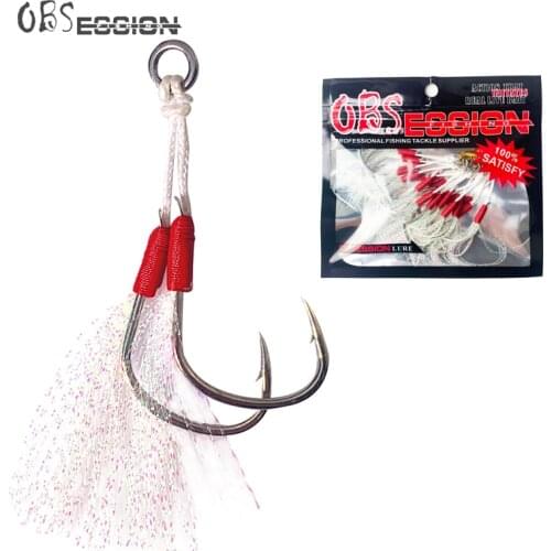 Metal Hooks 10 set/lot 1/0 2/0 3/0 4/0 High Carbon Steel Barbed fishing hook Metal Jig Lure Double Assist hooks Thread Feather