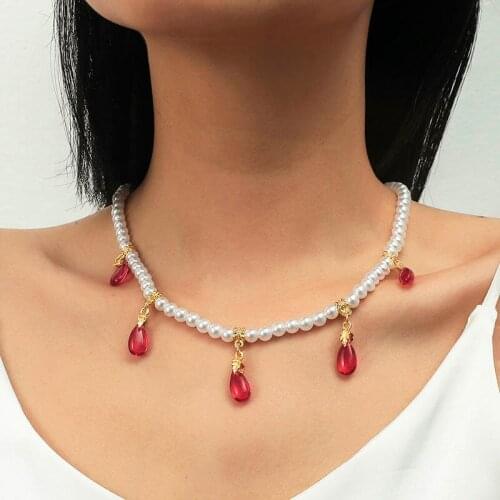 Fashion Female White Pearl Chokers Red Resin Water Drop Shape Pendants Necklaces For Women Ladies Party Wedding Jewelry Gift