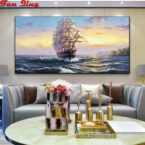 5D DIY diamond painting sea boat full circle diamond embroidery kit landscape mosaic home decoration gift