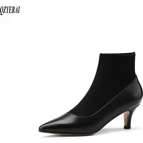 New autumn/winter Short Women boots Genuine leather ankle Fashion boots Boots socks black Women shoes cowhide