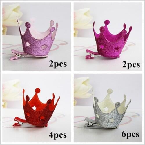 Modish Girls Wholesale Glitter Princess Crown Hair Clips Synthetic Leather Crown Hairpins 4Color Crown Design Glitter Felt Grips