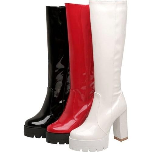 Autumn Women Knee High Boots Fashion Zipper Round Toe Knight Boots Comfy Platform Square High Heels Women Winter Mid-calf Boots