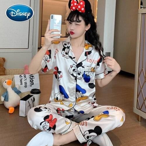 Disney Mickey Minnie Princess Print Pajamas Women Summer Ice Silk Short-Sleeved Trousers Thin Summer Silk Home Cloth Suit