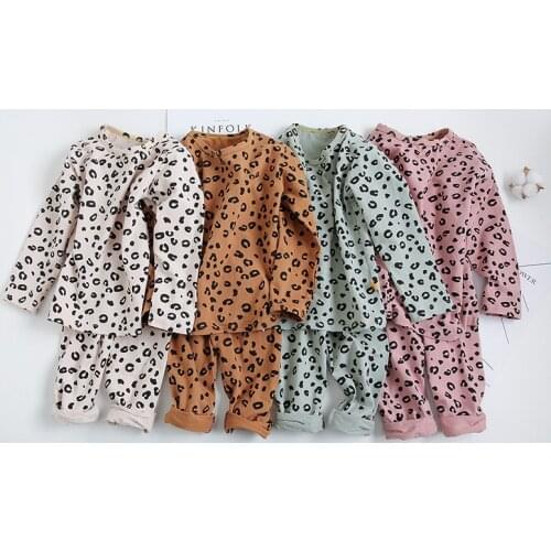 Spring Autumn Baby Boys Pajamas Set 18M-8yrs Children Kids Print Leopard Sleepwear Lounge Wear Cotton Girls Evening Dress