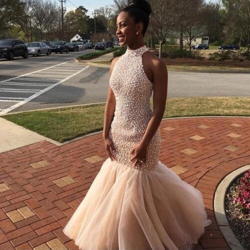 Fully Pearls Beaded High Neck Mermaid Dress Luxury Tulle Evening Formal Gowns Keyhole Back Floor Length Wedding Party Dress