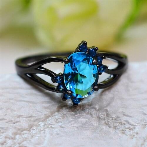 Luxury Female Light Blue Stone Ring Promise 14KT Black Gold Engagement Ring Vintage Solitaire Wedding Rings For Women