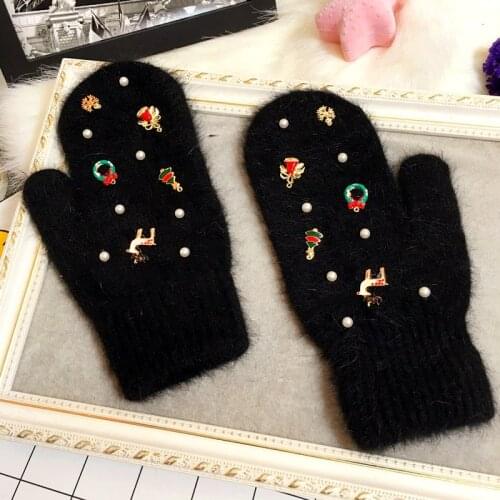 Merry Christmas Gift Women Winter Gloves Fashion Ornaments Knit Gloves Rabbit Fur Gloves Color Fur Gloves Female