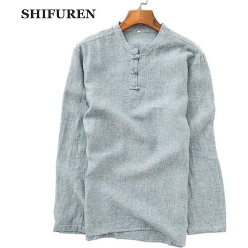SHIFUREN 2019 Spring Men Cotton Linen Shirts Long Sleeve Retro Chinese Style Soft Breathable Male Social Shirts Tops Blouse