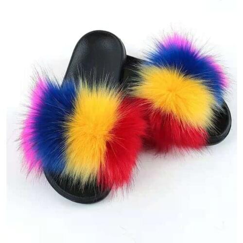 New Faux Fur Slides Women Slippers Girls Fur Slippers Adults Big Size Furry Slippers Faux Fashion Fur Slides Ladies Flip Flops