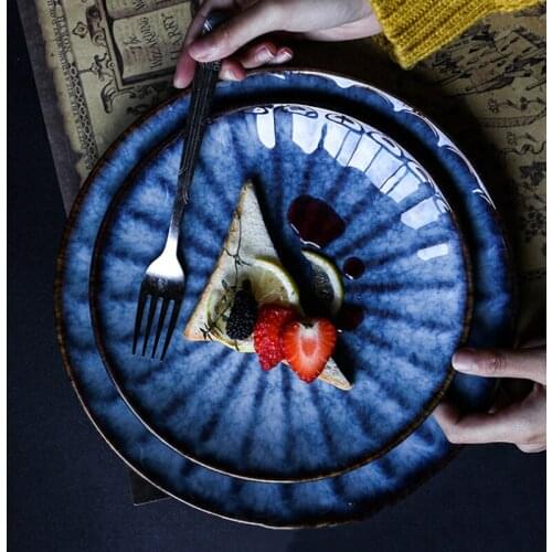Deep Blue Ceramic Plate Dinner Food Dishes Japanese Style Tray Main Dinner Plate Household Steak Plato Ceramica Japones