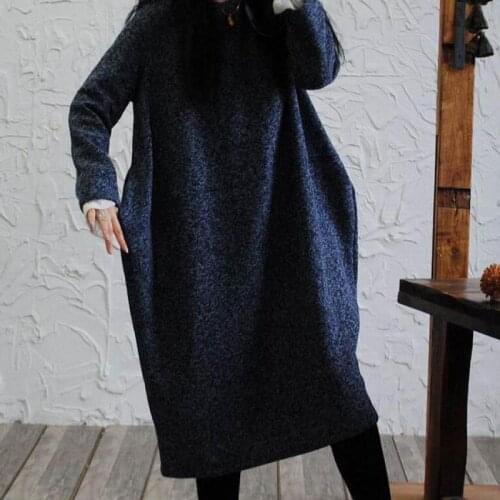 2020 Spring Winter Warm Woolen Dresses For Women Long Sleeve Casual Dress Loose Pocket Split Cocoon Robe Dress Vestidos Big Size