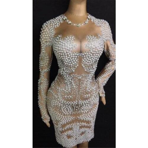 Pearl dress sexy women evening dresses stage show party girl birthday dress