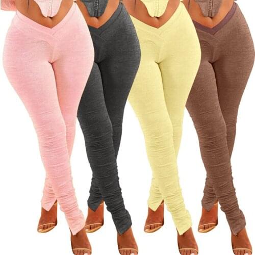 Plus Size Women Pants 2021 Mid Waist Ruched Stacked Split Sweatpants Fashion Solid Color Joggers Femal Elastic Trousers Legging