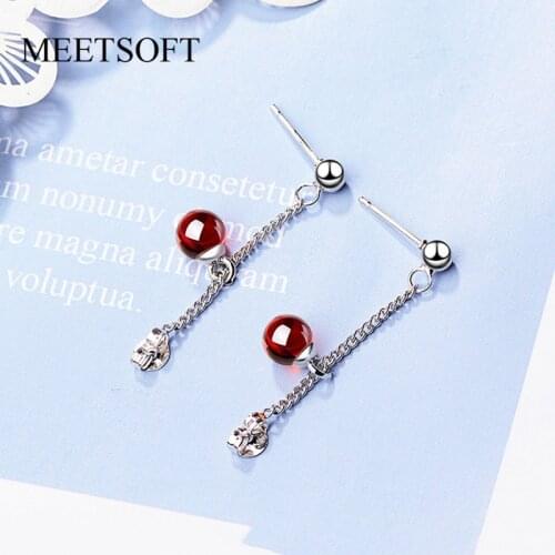 MEETSOFT 925 Sterling Silver Prevent Allergy Drop Earrings for Women Trendy Design Small Strawberry Quartz Jewelry Gift