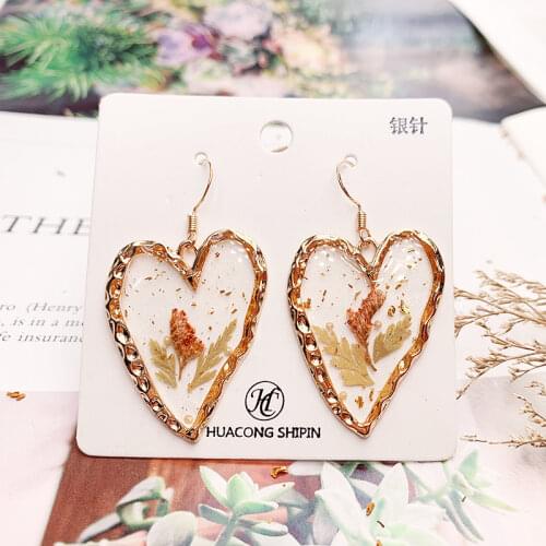 1Pair Silver Natural Dried Flower Earrings Wave Surface Transparent Forget Me Not Resin Earrings