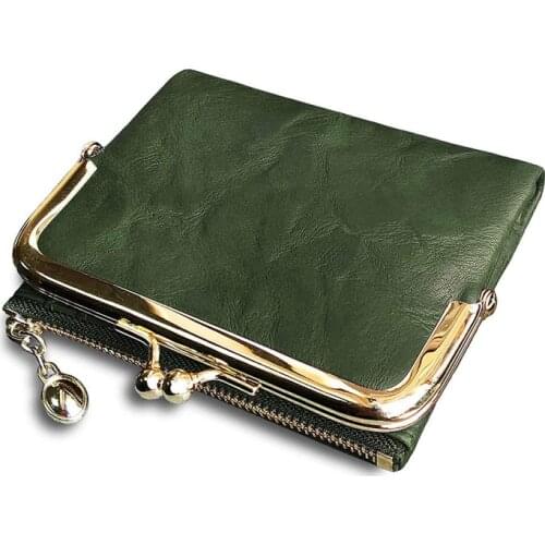 Womens Wallet Short Bifold Retro Multifunction Coin Purse with Zip and Kiss Lock Green