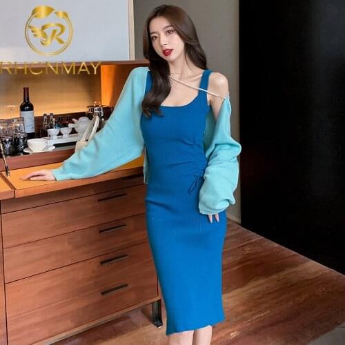 2021 Summer Fashion Sexy Knitted Two Piece Set Women Cardigan Coat + Spaghetti Strap Dresses Fashion Sexy Casual Slim Party Set