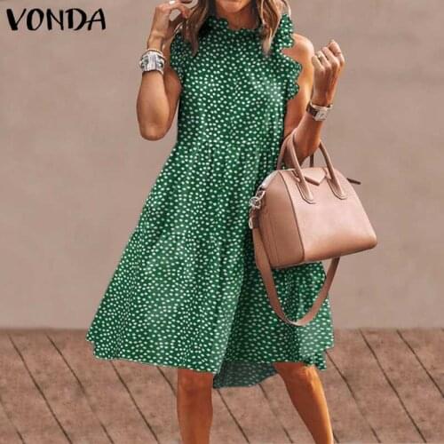 VONDA Women Bohemian Summer Dress Stand Collar Ruffled Print Party Mini Dress Beach Sundress 2021 Casual Vestidos Short Robe