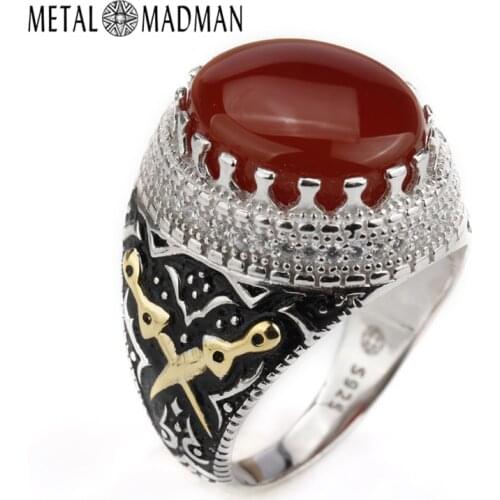 925 Sterling Silver Agate Ring For Men Red Agate Big Stone Ring with Double Sword Clear CZ Finger Ring for Men Fine Jewelry