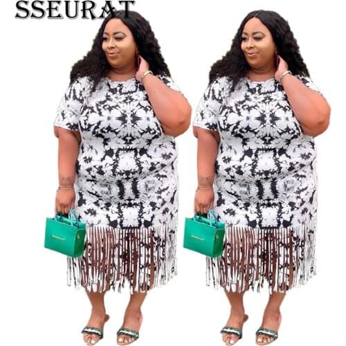 SSEURAT Plus Size XL-5XL Women Print O-neck Short Sleeve Tassel Maxi Dress Fashion Streetwear Long Dresses Vestidos