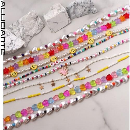 Boho Heart White Pearls Candy Jelly beaded Necklace For Women Colorful Seeds Bead Smiley Baroque Pearl Choker Femme Jewelry New